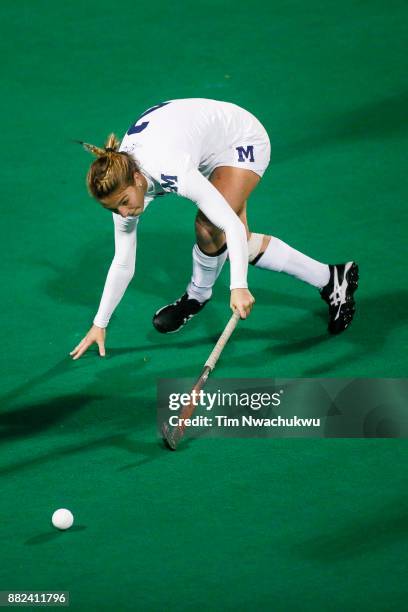 Marissa Baker of Middlebury College attempts a pass during the Division III Women's Field Hockey Championship held at Trager Stadium on November 19,...