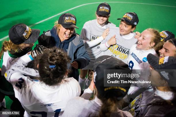 Middlebury College players celebrate after winning the Division III Women's Field Hockey Championship held at Trager Stadium on November 19, 2017 in...