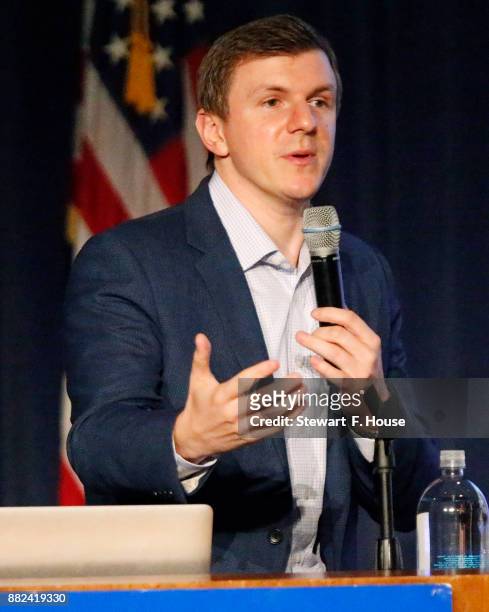Conservative media activist James O'Keefe speaks at an event hosted by the Southern Methodist University chapter of Young Americans for Freedom, a...