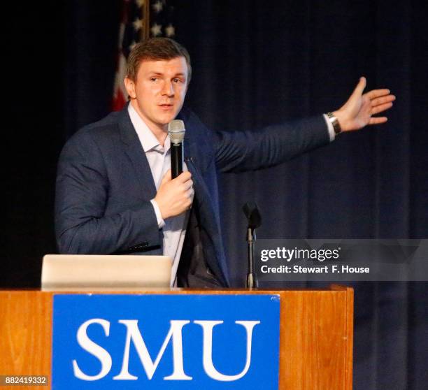 Conservative media activist James O'Keefe speaks at an event hosted by the Southern Methodist University chapter of Young Americans for Freedom, a...