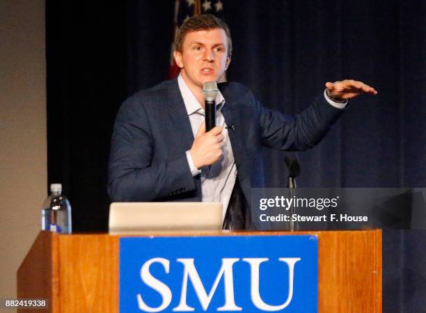 Conservative media activist James O'Keefe speaks at an event hosted by the Southern Methodist University chapter of Young Americans for Freedom, a...