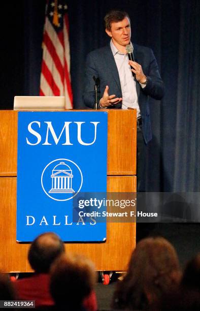 Conservative media activist James O'Keefe speaks at an event hosted by the Southern Methodist University chapter of Young Americans for Freedom, a...