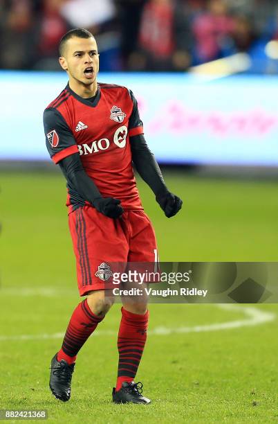 Sebastian Giovinco of Toronto FC reacts after a pass to him went wide during the second half of the MLS Eastern Conference Finals, Leg 2 game against...