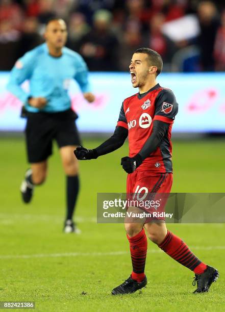 Sebastian Giovinco of Toronto FC reacts after a pass to him went wide during the second half of the MLS Eastern Conference Finals, Leg 2 game against...