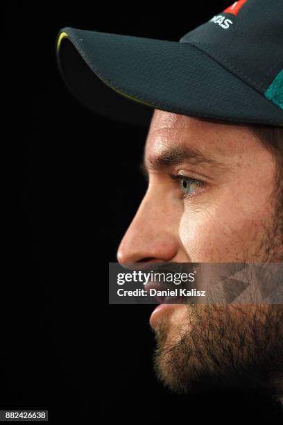 Chadd Sayers of Australia chats to the media during a press conference prior to an Australian nets session at Adelaide Oval on November 30, 2017 in...