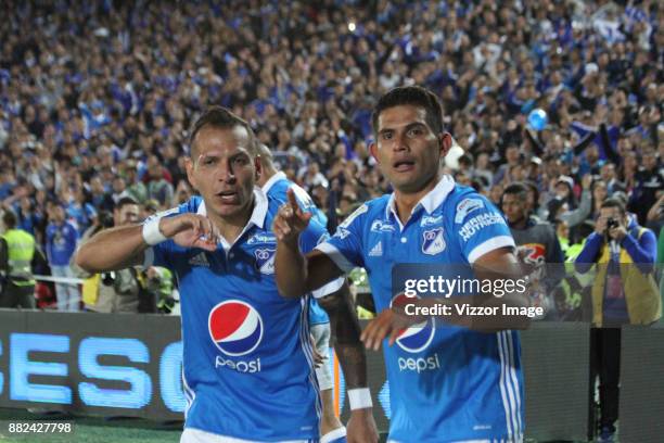 David Macalister Silva of Millonarios celebrates after scoring the second goal of his team during the second leg match for the quarterfinals of the...