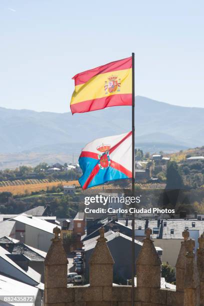 flags of spain and el bierzo flying in ponferrada - castilla y leon stock pictures, royalty-free photos & images