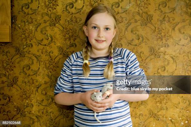 an 11 year old girl holding some pet gerbils. - gerbo fotografías e imágenes de stock