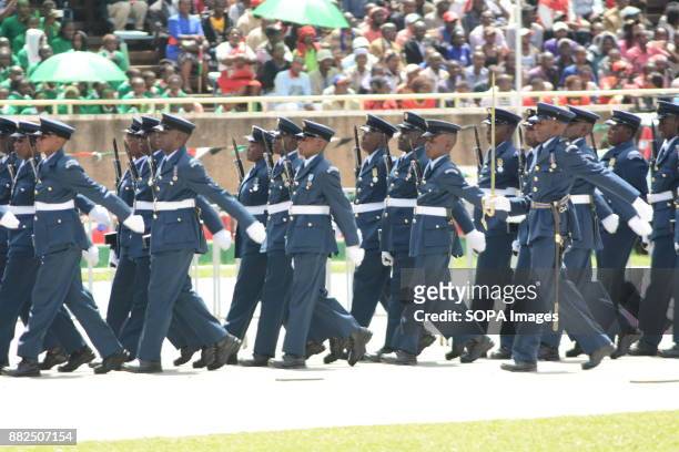 Military personnel seen marching at Kasarani Stadium during the inauguration of Uhuru Kenyatta, the President of Kenya. The President Uhuru...