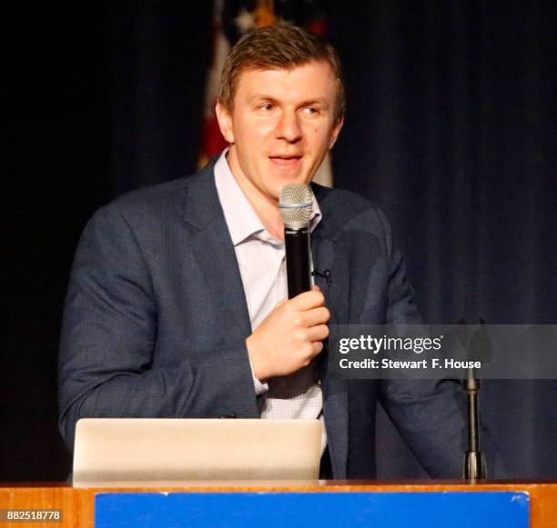 Conservative media activist James O'Keefe speaks at an event hosted by the Southern Methodist University chapter of Young Americans for Freedom, a...