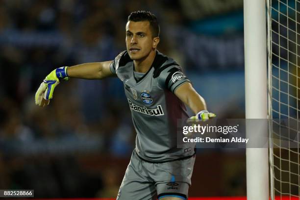 Marcelo Grohe goalkeeper of Gremio gestures during the second leg match between Lanus and Gremio as part of Copa Bridgestone Libertadores 2017 Final...