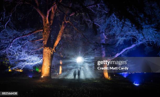 Visitors look at the illuminations at the launch of Enchanted Christmas attraction at Westonbirt Arboretum near Tetbury on November 29, 2017 in...
