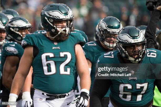 Jason Kelce and Chance Warmack of the Philadelphia Eagles walk off the field prior to the game against the Chicago Bears at Lincoln Financial Field...