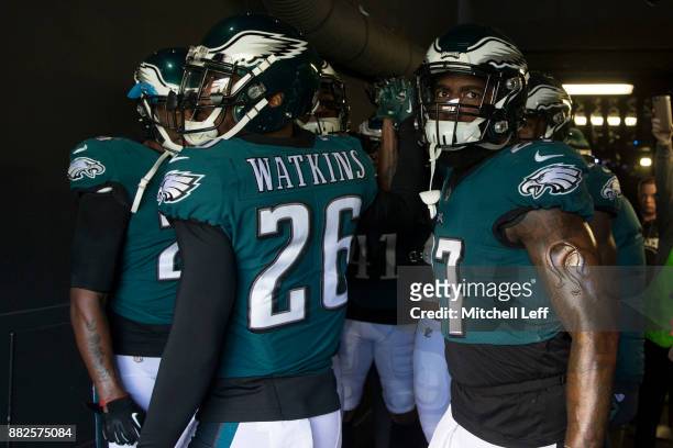 Jaylen Watkins and Malcolm Jenkins of the Philadelphia Eagles huddle in the tunnel prior to the game against the Chicago Bears at Lincoln Financial...