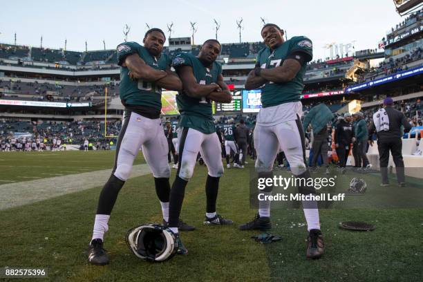 Torrey Smith, Nelson Agholor, and Alshon Jeffery of the Philadelphia Eagles pose for a picture against the Chicago Bears at Lincoln Financial Field...