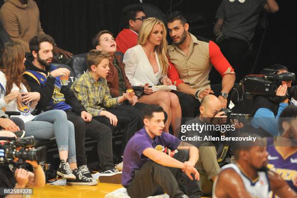 Sean Federline, Jayden James Federline, Britney Spears and Sam Asghari attend a basketball game between the Los Angeles Lakers and the Golden State...