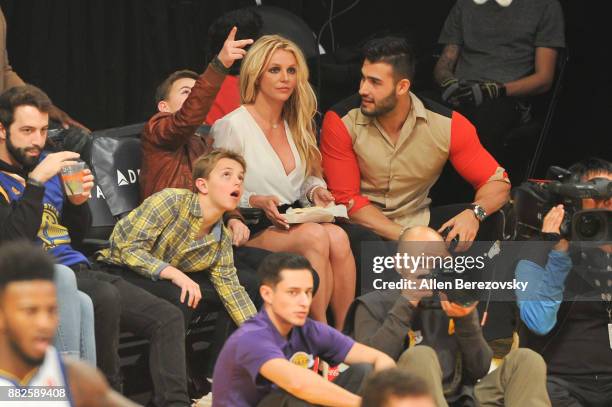 Sean Federline, Jayden James Federline, Britney Spears and Sam Asghari attend a basketball game between the Los Angeles Lakers and the Golden State...