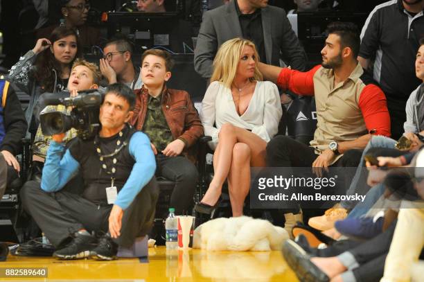 Sean Federline, Jayden James Federline, Britney Spears and Sam Asghari attend a basketball game between the Los Angeles Lakers and the Golden State...