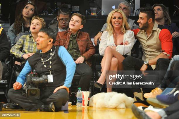 Sean Federline, Jayden James Federline, Britney Spears and Sam Asghari attend a basketball game between the Los Angeles Lakers and the Golden State...