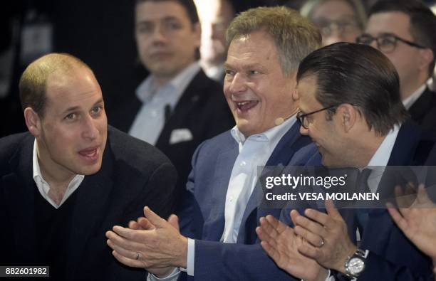 Britain's Prince William, Duke of Cambridge, Finnish President Sauli Niinistö and Prince Daniel of Sweden attend the opening of the Slush 2017...