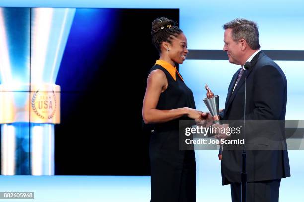 Allyson Felix is seen on stage during the 2017 Team USA Awards on November 29, 2017 in Westwood, California.