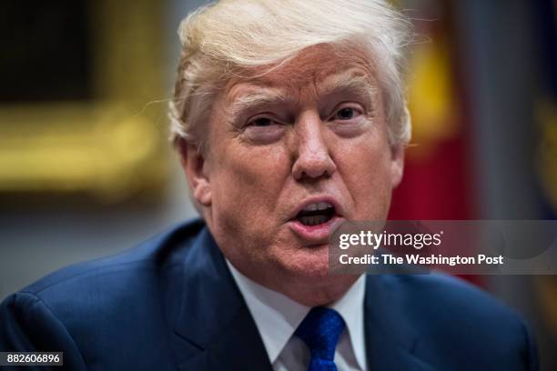 President Donald Trump speaks during a meeting with Republican congressional leaders in the Roosevelt Room at the White House in Washington, DC on...