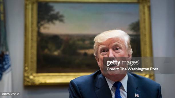 President Donald Trump speaks during a meeting with Republican congressional leaders in the Roosevelt Room at the White House in Washington, DC on...