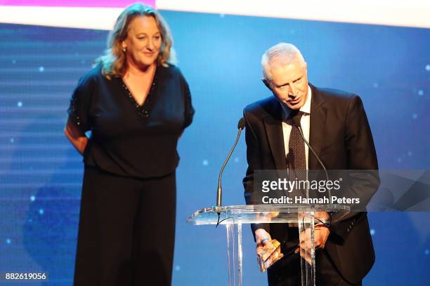 Mark Jennings and Melanie Reid accept the award for Best Current Affairs Programme during the NZ TV Awards at Sky City on November 30, 2017 in...