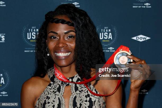 Chaunte Lowe attends the 2017 Team USA Awards on November 29, 2017 in Westwood, California. Chaunte Lowe tonight received her Bronze Medal for...