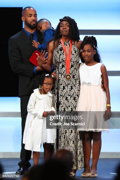 Chaunte Lowe is seen on stage during the 2017 Team USA Awards on November 29, 2017 in Westwood, California. Chaunte Lowe tonight received her Bronze...