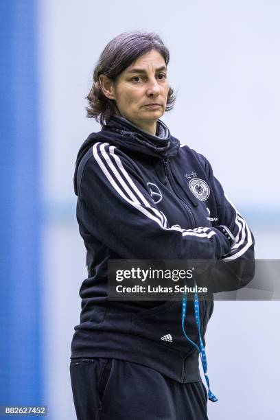 Head Coach Anouschka Bernhard of Germany looks up prior to the U17 Girls friendly match between Finland and Germany at the Eerikkila Sport & Outdoor...