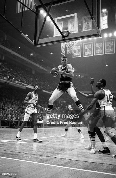 Finals: Los Angeles Lakers Jerry West in action, rebound vs Boston Celtics. Boston, MA 4/24/1966--4/28/1966 CREDIT: Fred Kaplan