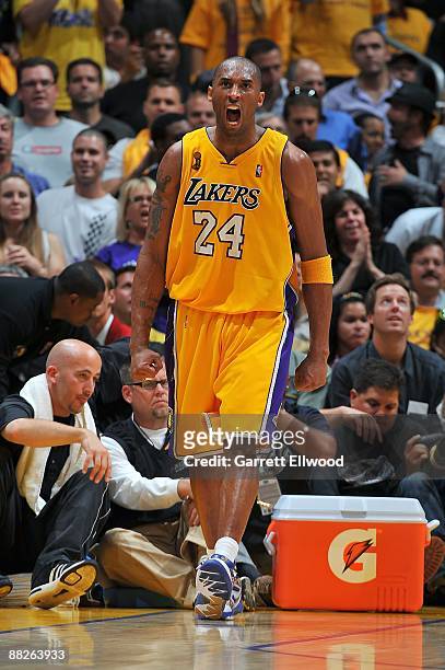 Kobe Bryant of the Los Angeles Lakers shouts during Game One of the 2009 NBA Finals against the Orlando Magic at Staples Center on June 4, 2009 in...