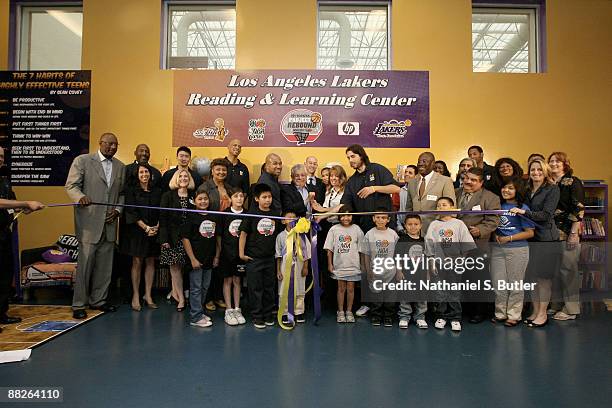 Los Angeles Lakers guard, Derek Fisher, NBA Commissioner David Stern, Jeanie Buss, Los Angeles Lakers Vice President, Business Operations, and Sasha...