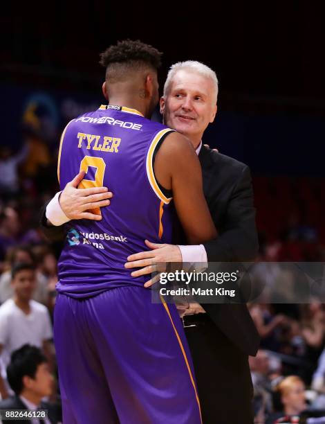 Jeremy Tyler of the Kings celebrates victory with Kings coach Andrew Gaze during the round eight NBL match between the Sydney Kings and the Cairns...