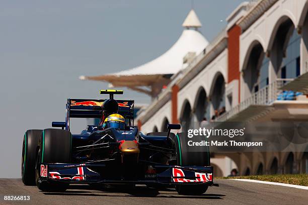 Sebastien Buemi of Switzerland and Scuderia Toro Rosso drives in the final practice session prior to qualifying for the Turkish Formula One Grand...