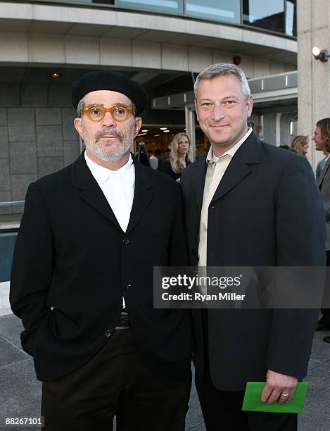 Playwright David Mamet and Producer Jeffrey Finn pose during the arrivals for the opening night performance of "Oleanna" at the Center Theatre...