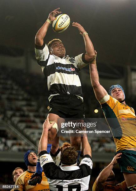 Jerry Collins of the Barbarians contests a line out during the Nick Shehadie Cup match between the Australian Wallabies and the Barbarians at Sydney...