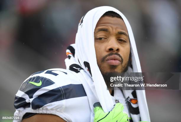 Nazair Jones of the Seattle Seahawks looks on from the sidelines against the San Francisco 49ers during their NFL football game at Levi's Stadium on...