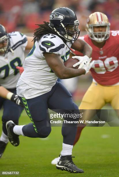 Eddie Lacy of the Seattle Seahawks carries the ball against the San Francisco 49ers during their NFL football game at Levi's Stadium on November 26,...