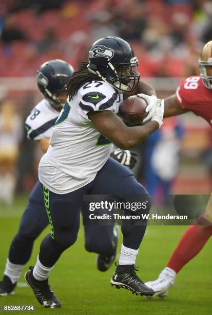 Eddie Lacy of the Seattle Seahawks carries the ball against the San Francisco 49ers during their NFL football game at Levi's Stadium on November 26,...