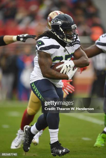 Eddie Lacy of the Seattle Seahawks carries the ball against the San Francisco 49ers during their NFL football game at Levi's Stadium on November 26,...