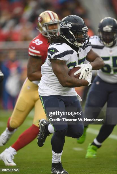 Eddie Lacy of the Seattle Seahawks carries the ball against the San Francisco 49ers during their NFL football game at Levi's Stadium on November 26,...