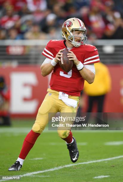 Beathard of the San Francisco 49ers looks to pass against the Seattle Seahawks during their NFL football game at Levi's Stadium on November 26, 2017...