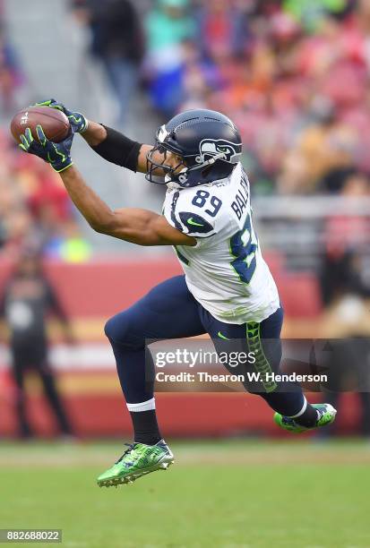 Doug Baldwin of the Seattle Seahawks catches a 23-yard pass against the San Francisco 49ers during their NFL football game at Levi's Stadium on...
