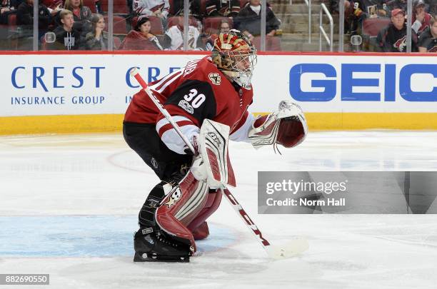 Marek Langhamer of the Arizona Coyotes gets ready to make a save against the Vegas Golden Knights at Gila River Arena on November 25, 2017 in...