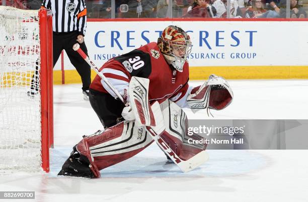 Marek Langhamer of the Arizona Coyotes gets ready to make a save against the Vegas Golden Knights at Gila River Arena on November 25, 2017 in...