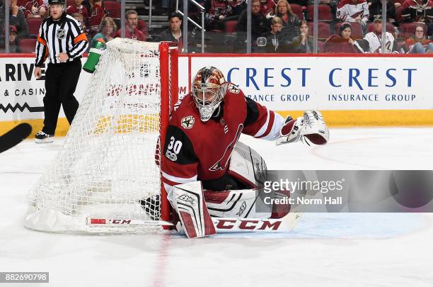 Marek Langhamer of the Arizona Coyotes gets ready to make a save against the Vegas Golden Knights at Gila River Arena on November 25, 2017 in...