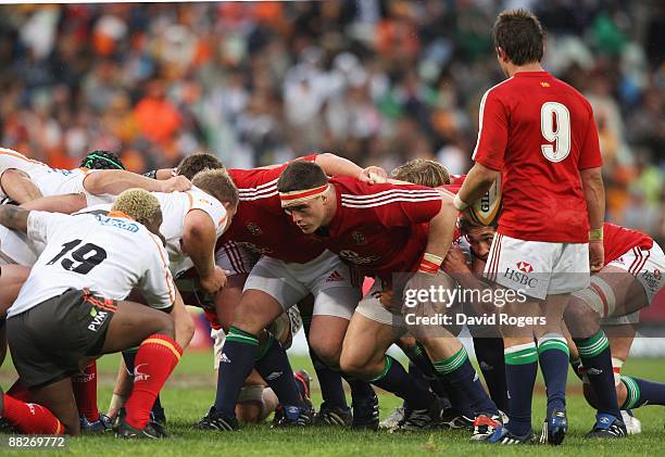 Andrew Sheridan of the Lions scrums down during the match between the Cheetahs and the British and Irish Lions on their 2009 tour of South Africa at...