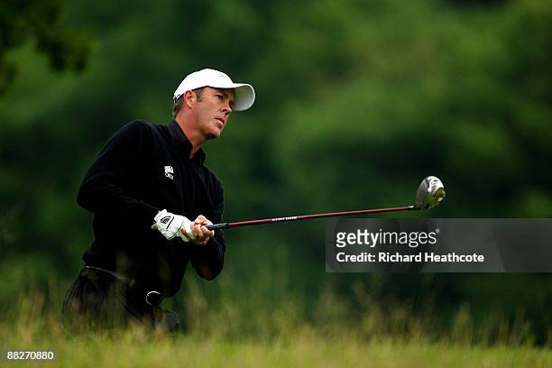 Richard Green of Australia tee's off at the 18th during the third round of the Celtic Manor Wales Open on the 2010 Course at The Celtic Manor Resort...